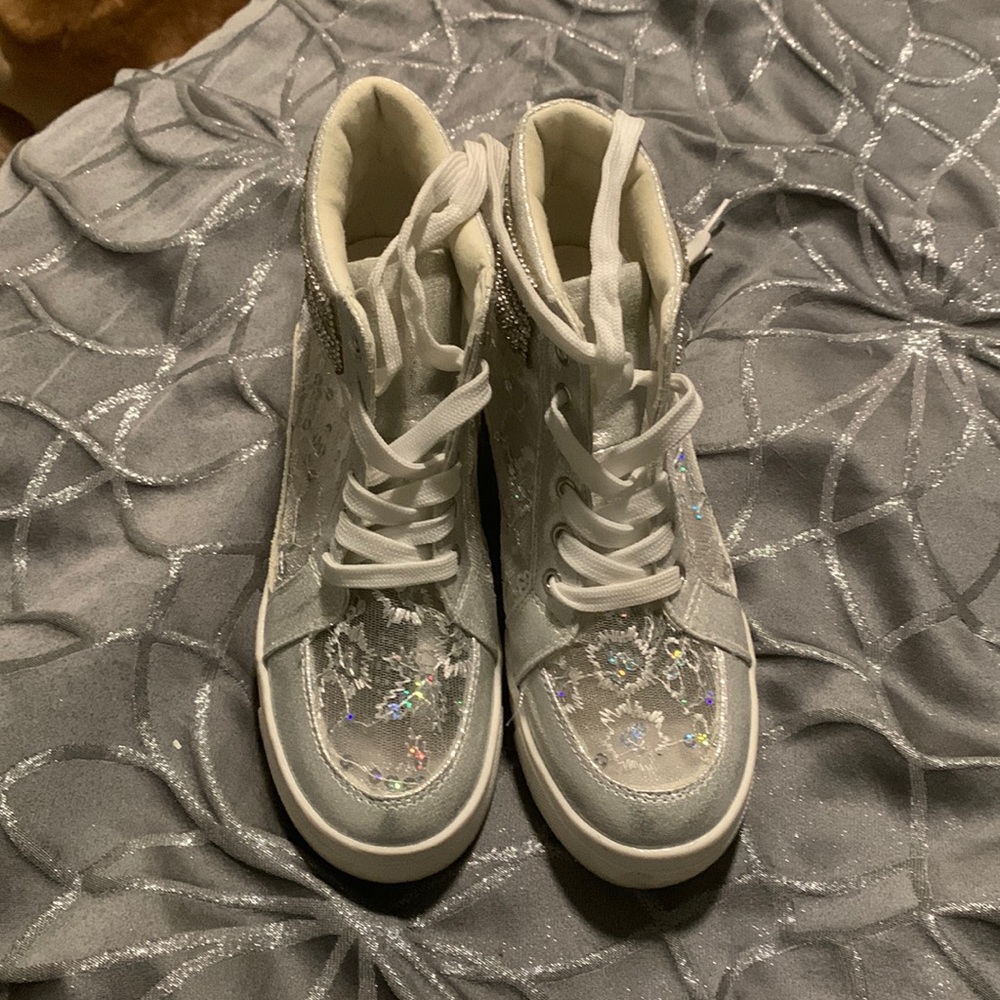 Rhinestone and lace wedge sneakers size 6